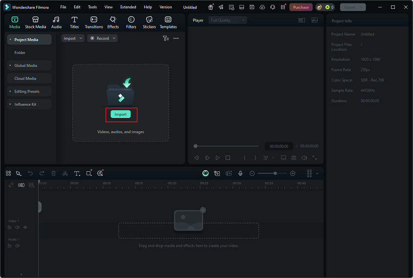 Click the Import option in Wondershare Filmora to add the 3GP video