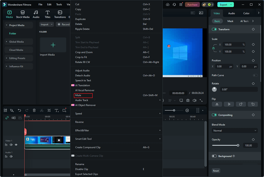 Right-click the video on the timeline and choose the Mute option in Wondershare Filmora