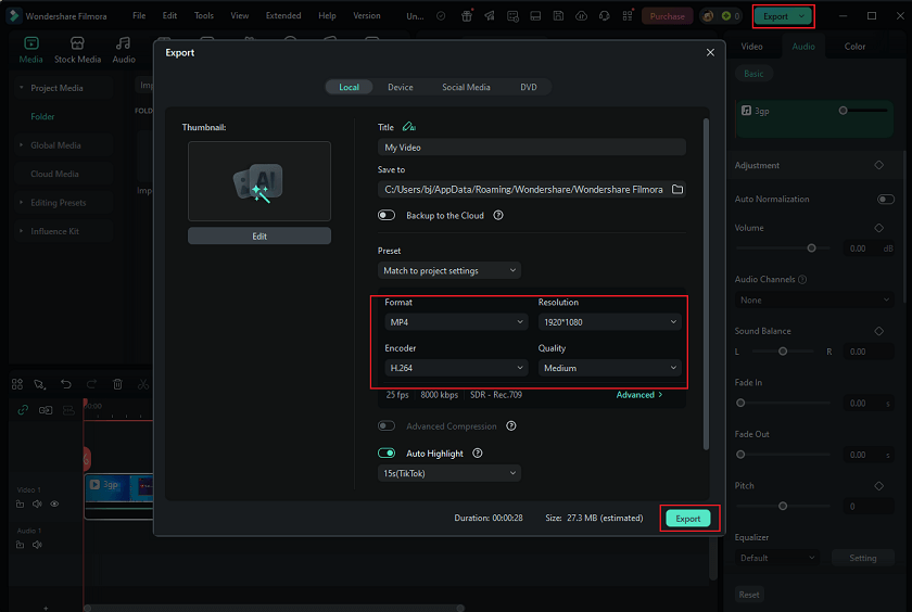 Set the output parameters and click Export in Wondershare Filmora to save the 3GP video