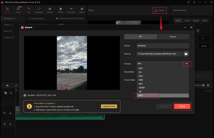 Enter the Export window, choose MP3 from the Format menu, and click the Export button in MiniTool MovieMaker to export the audio