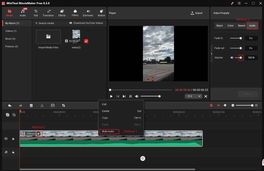 Remove the audio track from 3GP in MiniTool MovieMaker