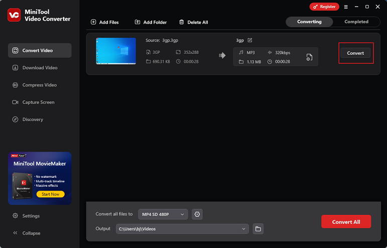 Click the Convert button to start conversion in MiniTool Video Converter
