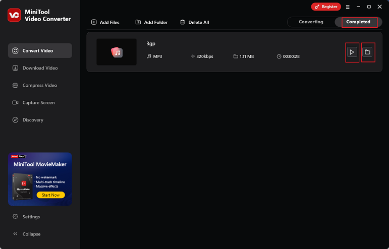 Click the Folder icon in MiniTool Video Converter to locate the file or click the Play icon to view it