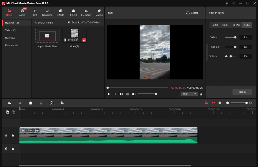 Click the Import Media Files option in MiniTool MovieMaker to import the audio from the local folder
