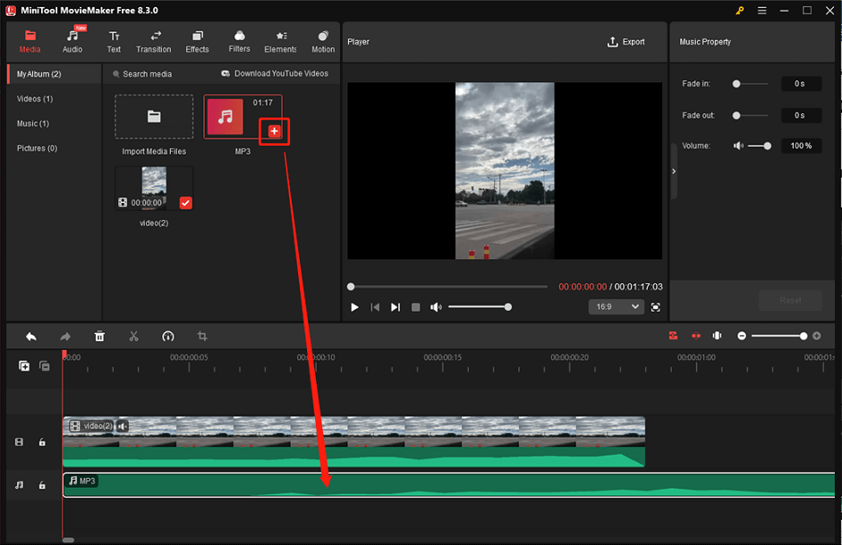 Place the mouse on the added audio and click the Plus icon to add audio to the audio track in MiniTool MovieMaker