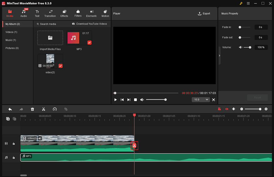 Drag the playhead to the end of the video, click the audio on the track, and click the Scissors icon to split the audio in MiniTool MovieMaker