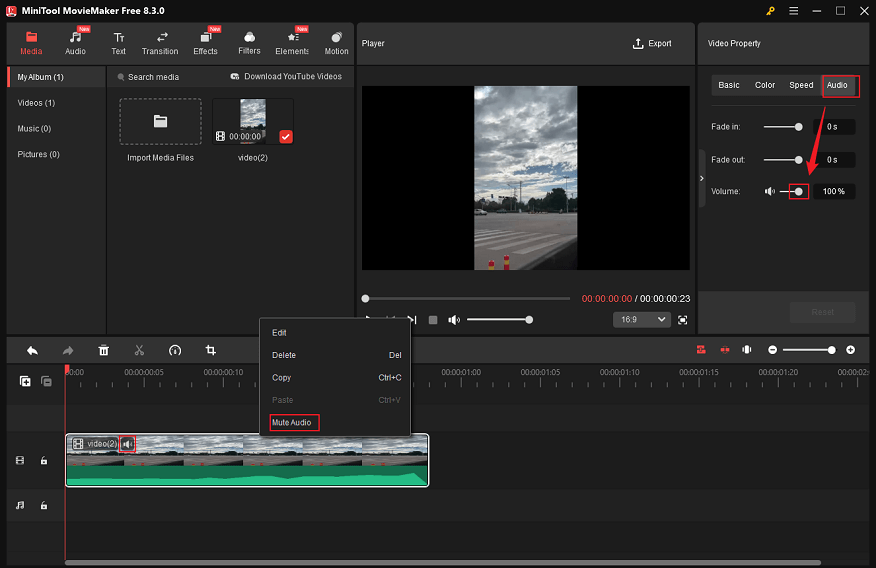 Remove the audio from the Facebook video in MiniTool MovieMaker
