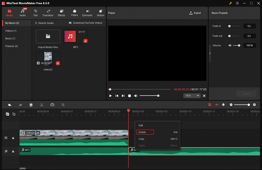 Right-click the unwanted audio part and click the Delete option to remove the spare part in MiniTool MovieMaker