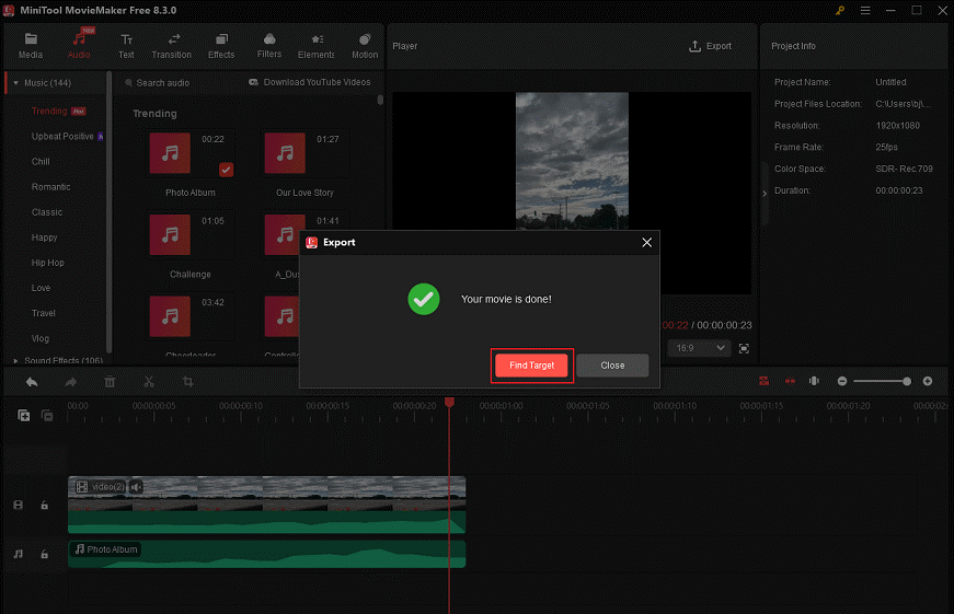 Click the Find Target button in MiniTool MovieMaker to locate the video
