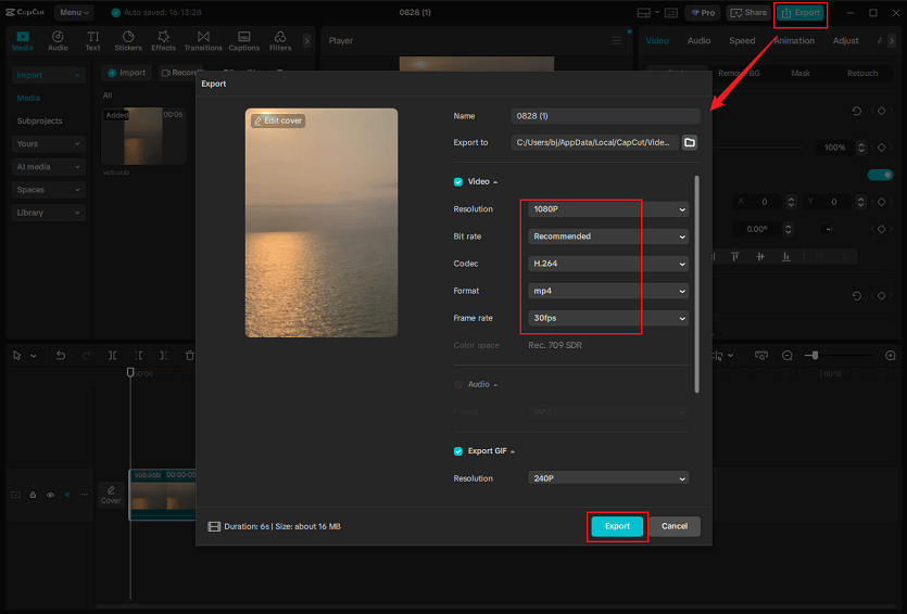 Click the Export icon at the top right to open the Export window, adjust the parameters, and click the Export button in CapCut to save the video