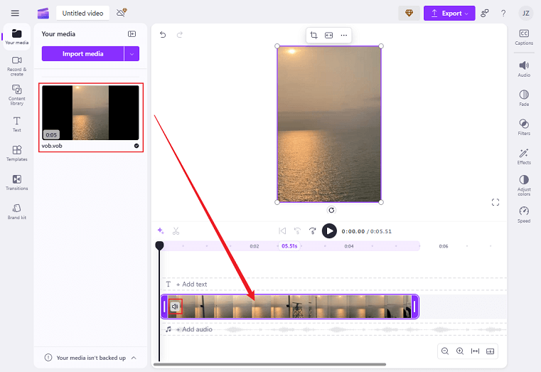 Drag the added video to the timeline and click the Speaker icon on the video to remove the audio in Clipchamp