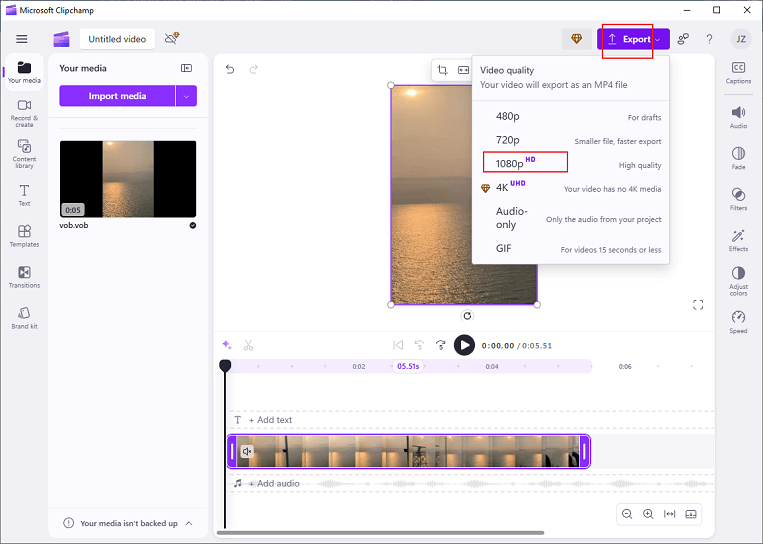 Click on the Export button at the top right and select the desired resolution in Clipchamp