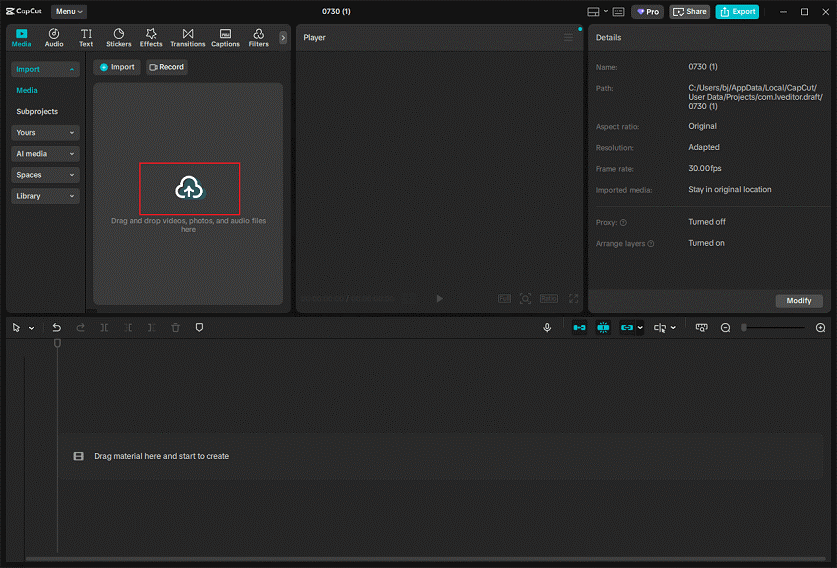 Click the Drag and drop videos, photos, and audio files here area to import the VOB video to CapCut