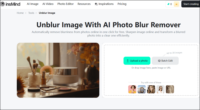 insMind Unblur Image’s interface
