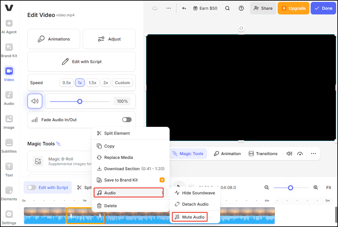 Choose Audio and select Mute Audio to remove the audio in VEED.IO