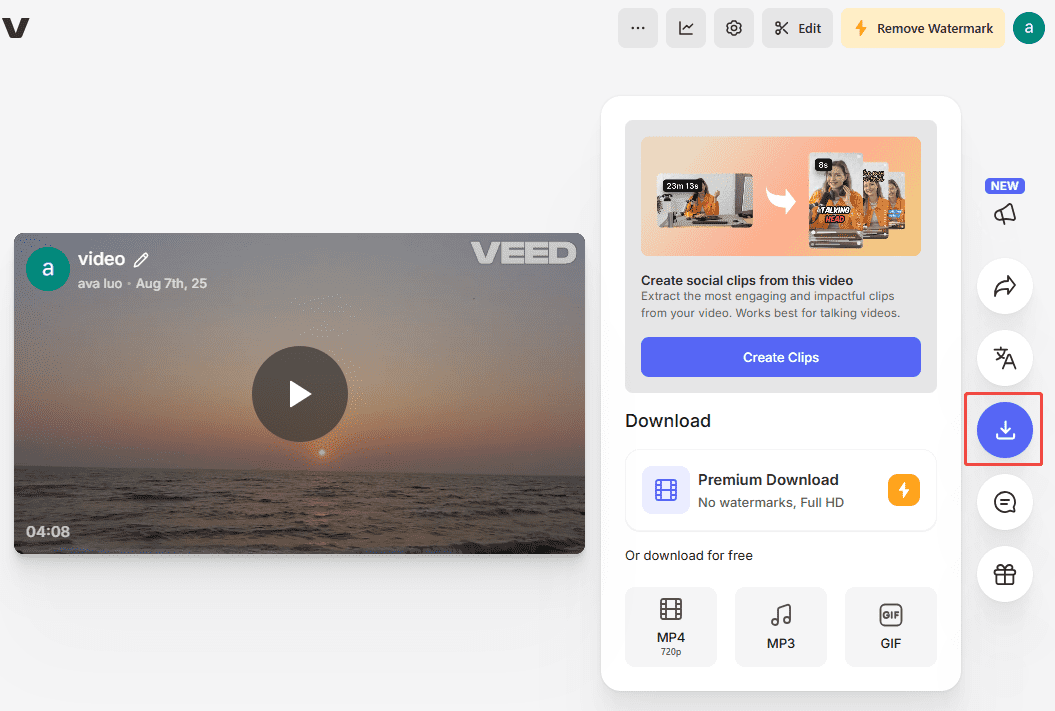Click the Download icon on the right sidebar in VEED.IO to save the file on your device