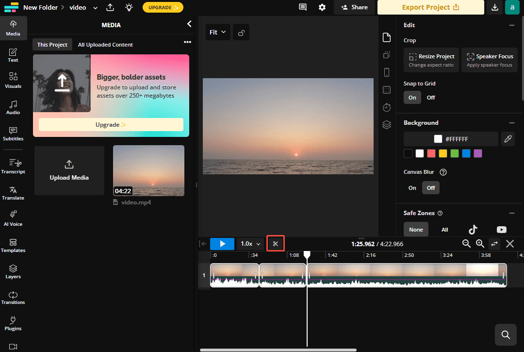 Click the Scissors to isolate the video clip from which you want to remove the audio in Kawping