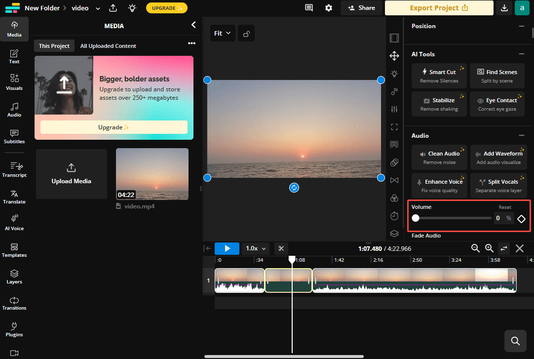 Go to the Volume section and drag the volume slider to the left end to remove the audio in Kapwing