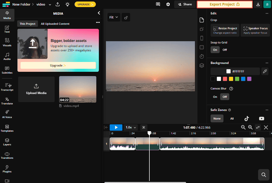 Click the yellow Export Project button to download the video in Kawping