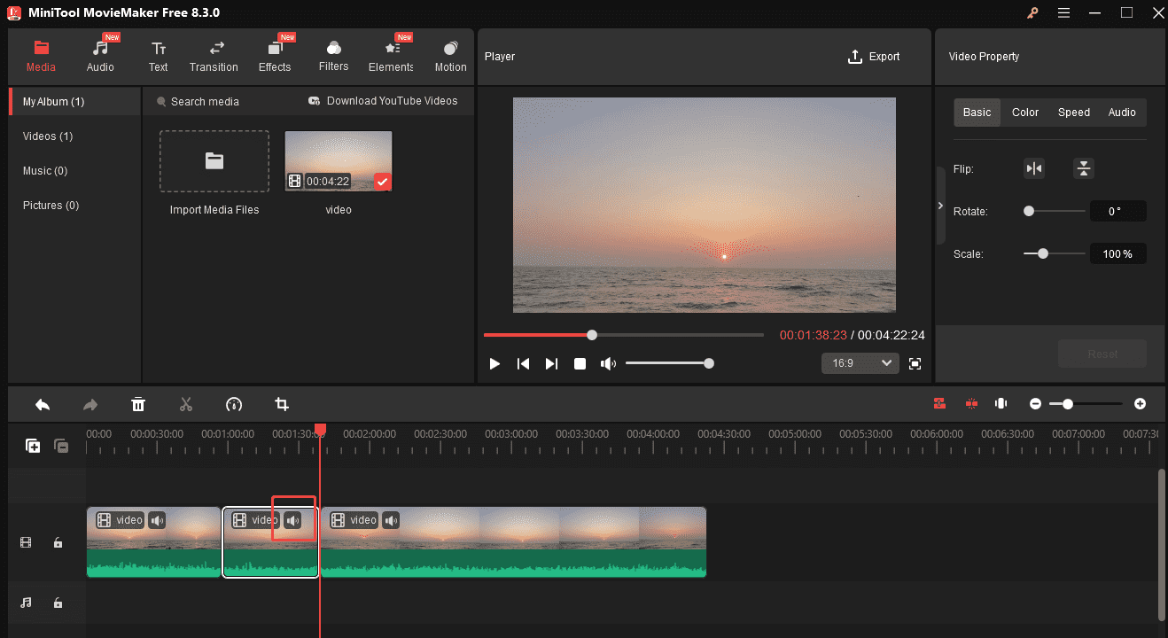 Click the target clip and hit the Mute icon on it to remove part of audio from video in MiniTool MovieMaker