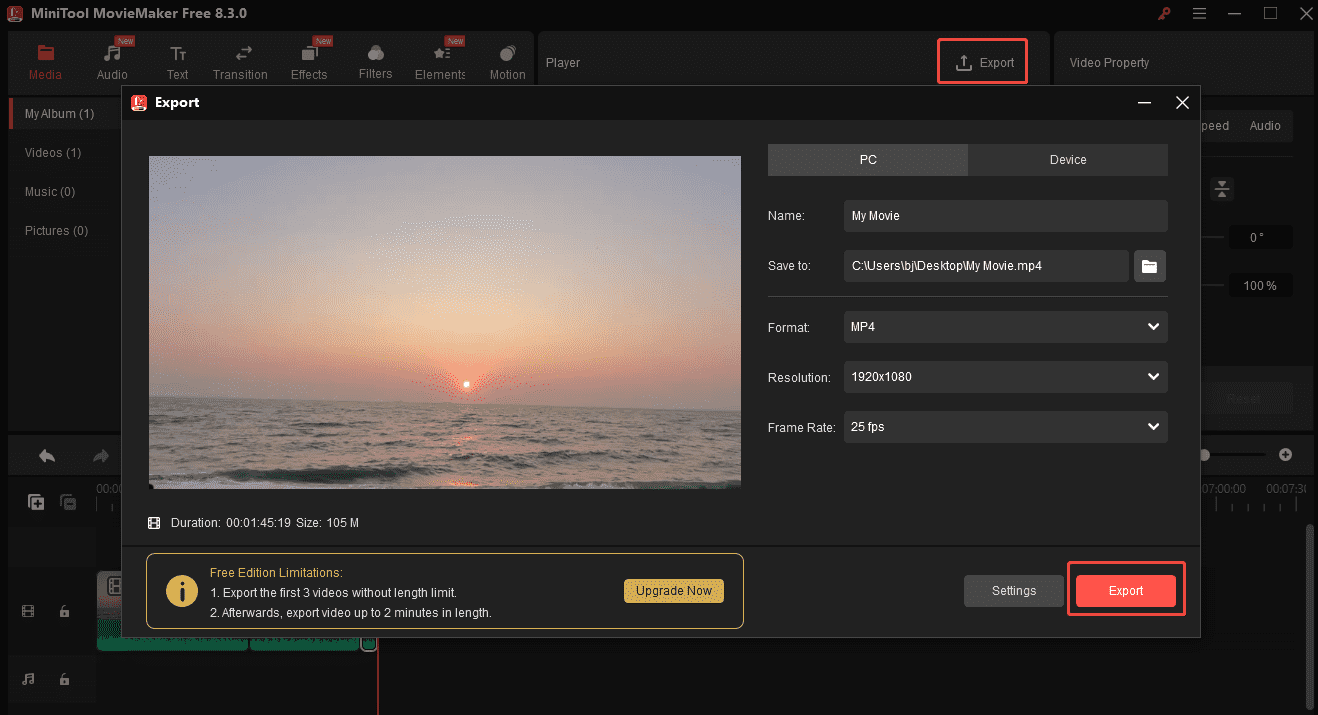 Click Export in MiniTool MovieMaker to save the video on your computer