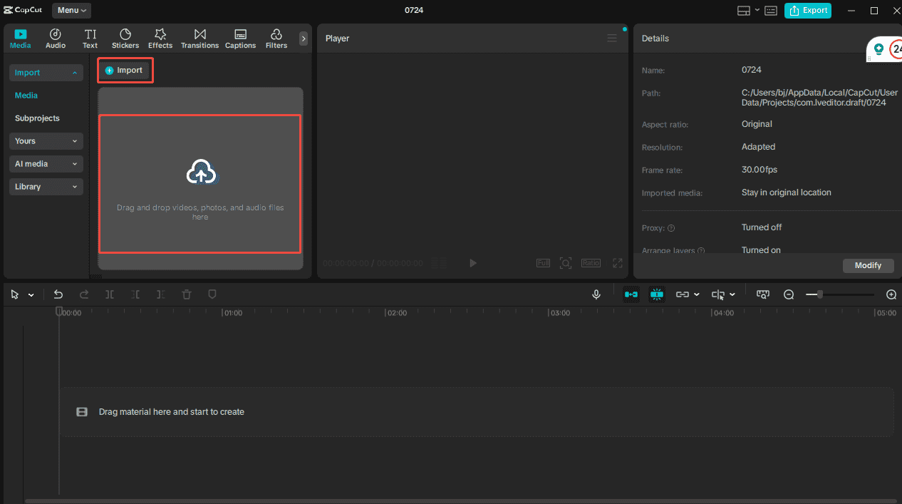 Click the Import button under the Media tab to add the target video CapCut