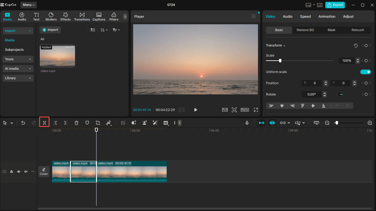 Click the Split icon to isolate the video clip that you want to remove the audio from in CapCut