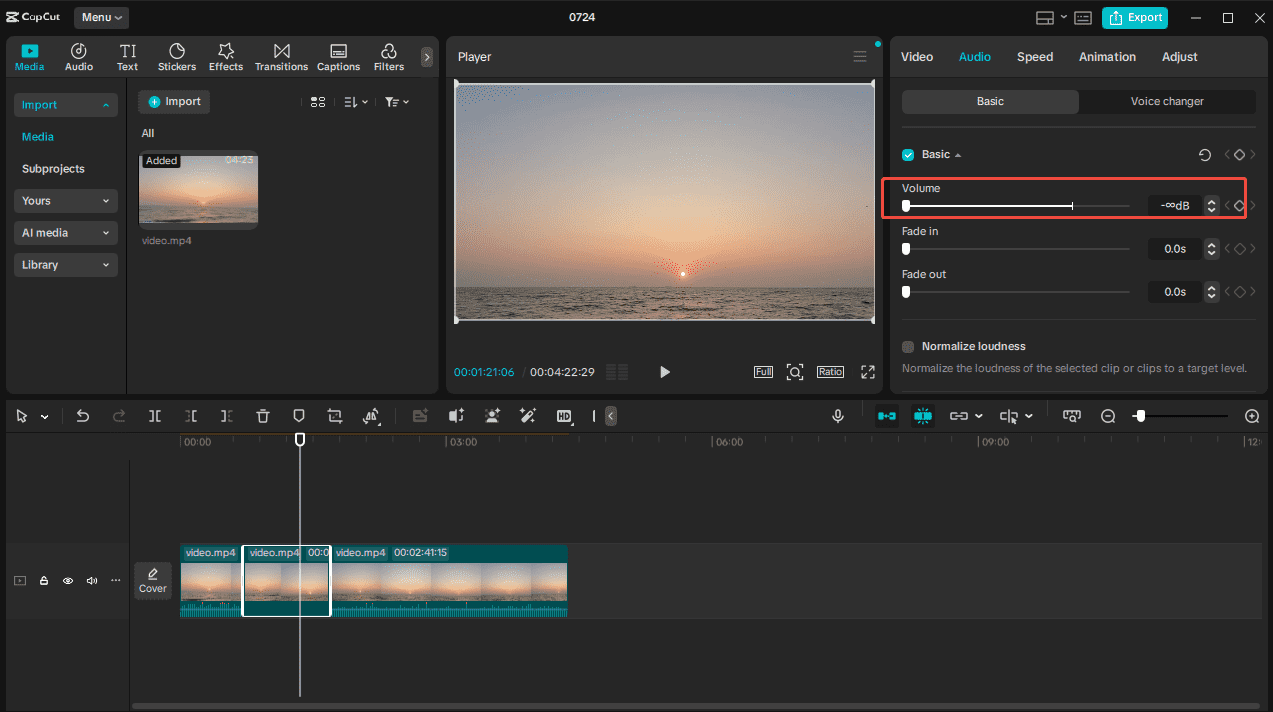 Under the Audio tab, drag the volume slider from 0 to the left end to remove the audio in CapCut