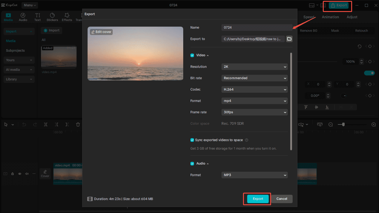 Click Export in CapCut to save the video on your device