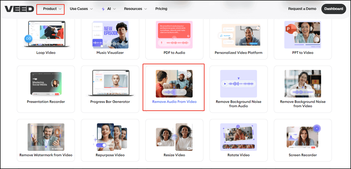 Click Product and choose Remove Audio from Video to open the VEED.IO removing audio tool