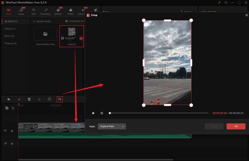Drag the added video to the timeline and click the crop icon in the toolbar above the timeline to access the Crop window in MiniTool MovieMaker