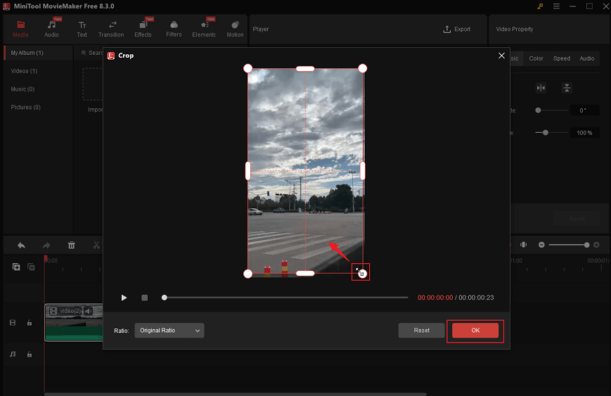 Hover the mouse cursor in one of the four directions of the video and drag the double-arrow icon inwards in MiniTool MovieMaker to remove subtitles from AVI