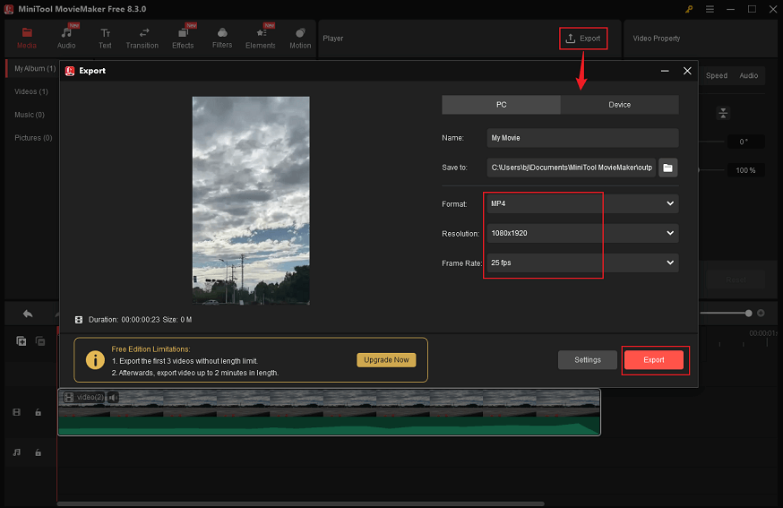 Click on the Export icon at the top right of the Player window, choose the desired format, resolution, and frame rate, and click on Export in MiniTool MovieMaker to save the video