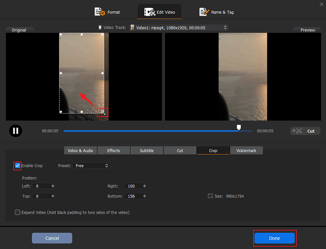 Tick the Enable Crop option, place the mouse cursor in one of the four directions of the video, drag the double-arrow icon inwards, and click Done in Winxvideo AI