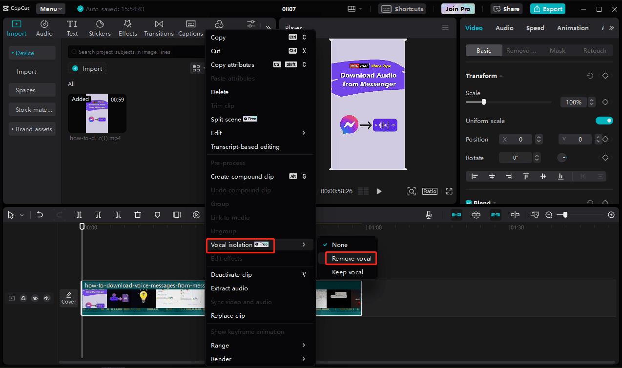 Select the Vocal isolation and Remove vocal options to remove voices from the video in CapCut
