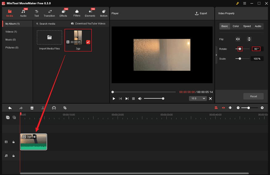 Drag and drop the added video to the timeline and drag the white dot icon of Rotate, or enter an accurate number in the Custom box to rotate the video in MiniTool MovieMaker