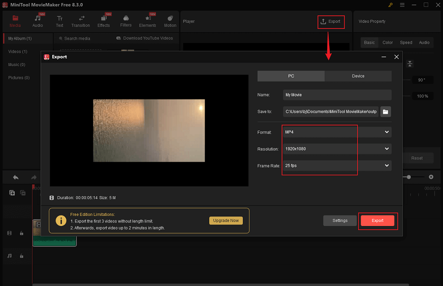 Click on the Export icon at the top right of the Player window to open the Export window, select the output parameters, and click on the Export button in MiniTool MovieMaker to save the 3GP video