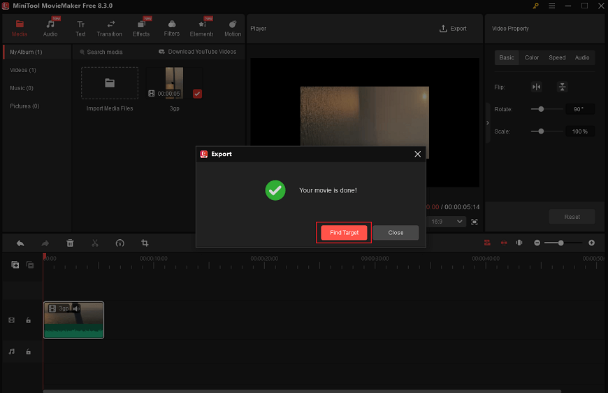 Click the Find Target button in MiniTool MovieMaker to locate the video