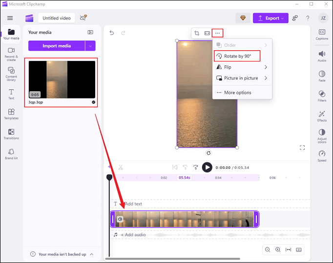 Drag the added video to the timeline, click the three-dot icon at the top, and choose the Rotate by 90° option in Clipchamp