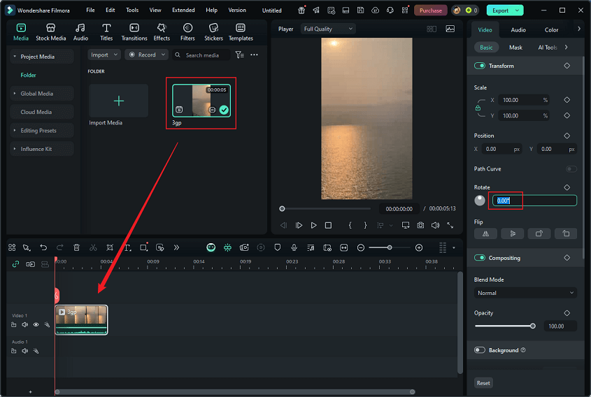Drag the added 3GP video to the timeline and enter the desired number in the left Rotate Custom box to rotate the video in Wondershare Filmora