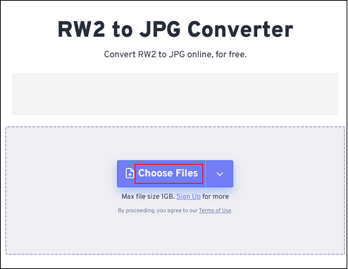 Click on the Choose Files button to add the RW2 file you want to convert in FreeConvert
