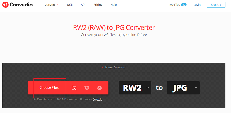 Click on the Choose Files option to add the target RW2 to Convertio