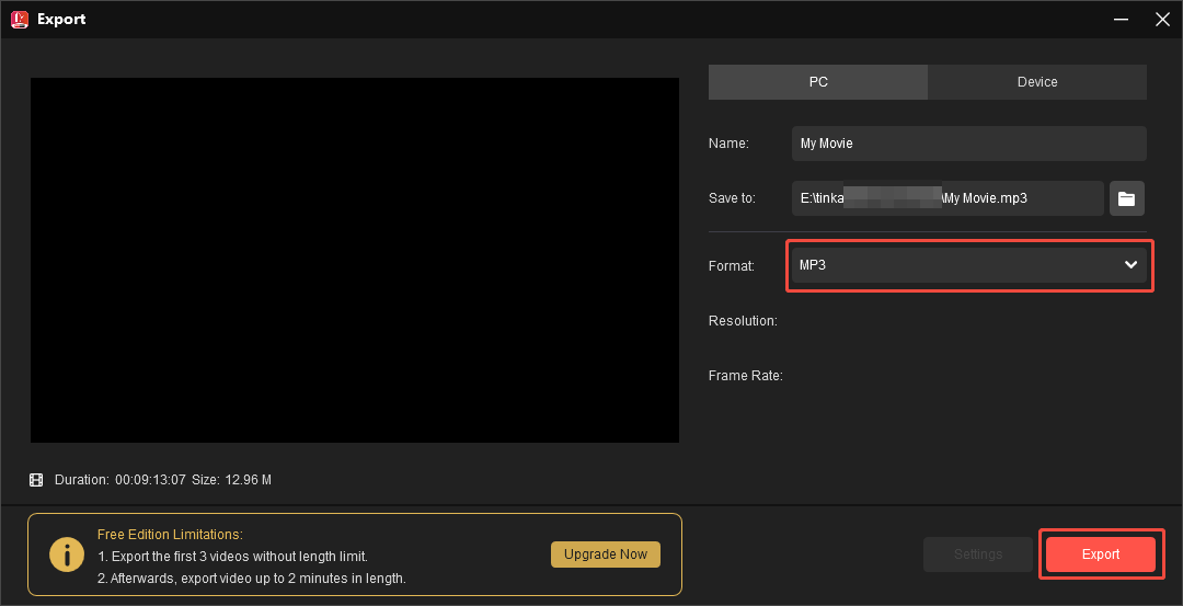 MiniTool MovieMakerでスローダウンした曲をエクスポートする