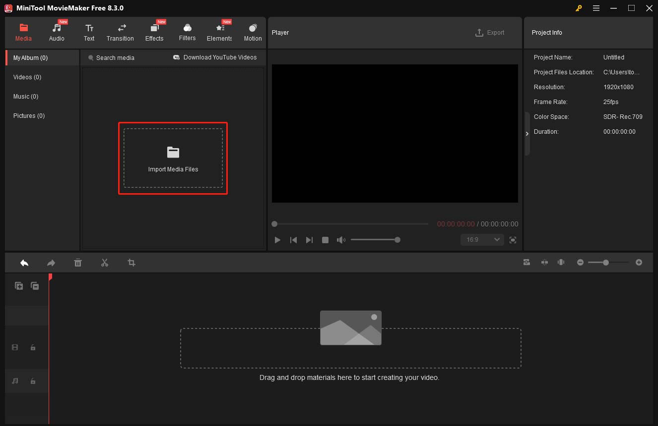 MiniTool MovieMakerで「Import Media Files」エリアをクリックして、対象のMKVファイルを追加