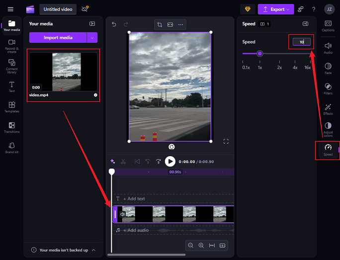 Speed up video 10x in Clipchamp