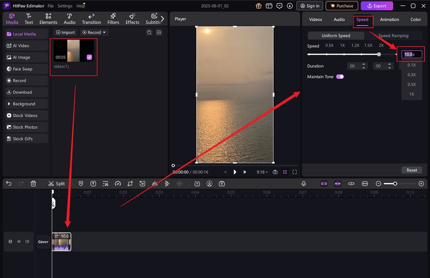 Drag and drop the added video to the timeline and speed up the video 10x in HitPaw Edimakor