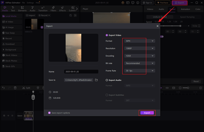 Adjust the output video parameters and click Export in HitPaw Edimakor to save the video on the computer
