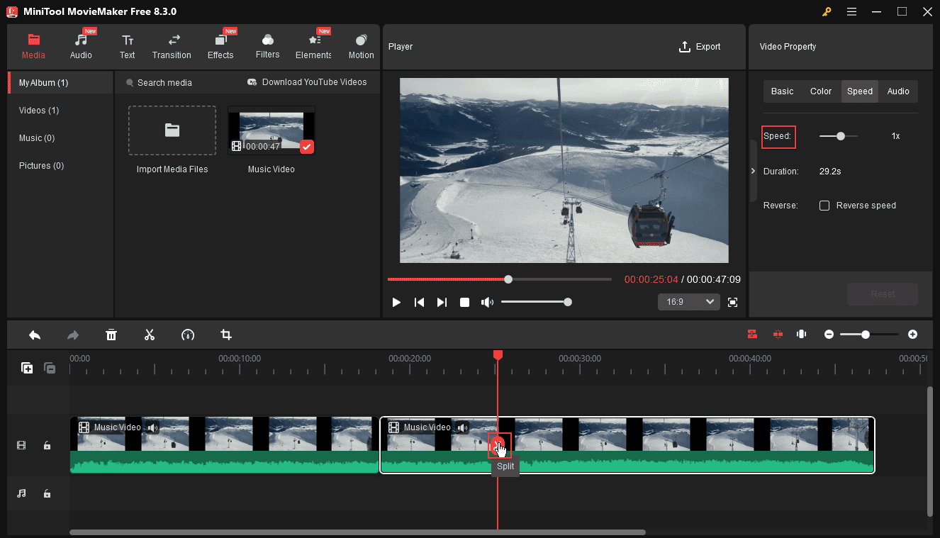 The Split and the Speed menu in MiniTool MovieMaker
