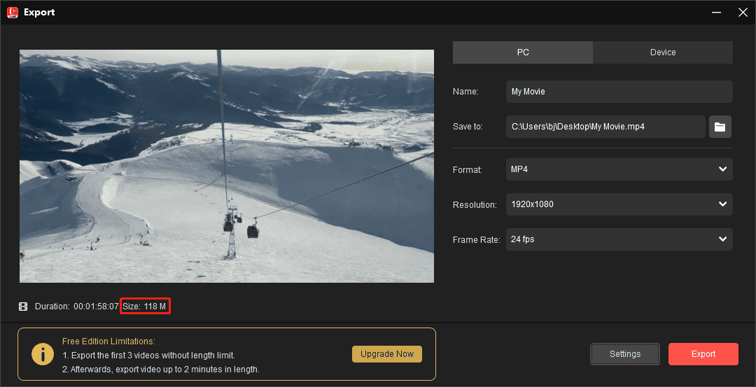 Check the final video file size in MiniTool MovieMaker