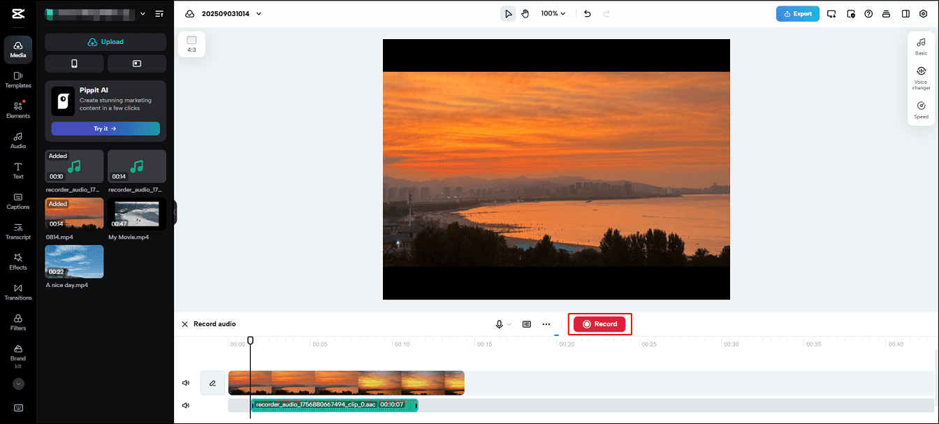 Click the Record button to record a voiceover with CapCut